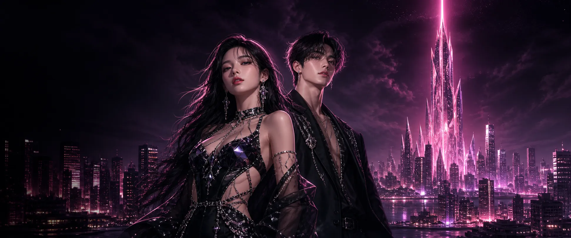 Two STARDOM Artists above the city at night, the Tower burning behind them